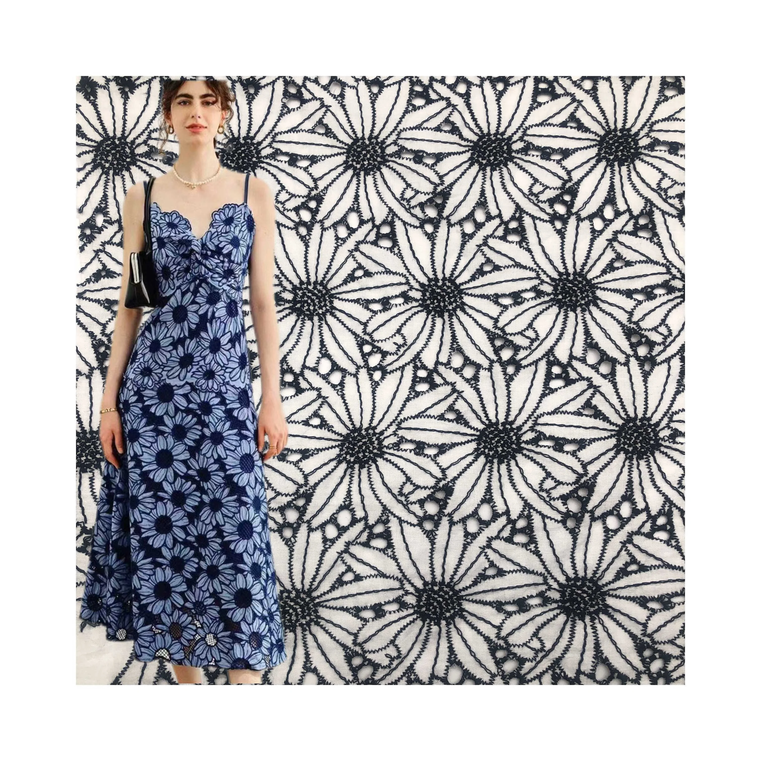 Jiede Black White Ivory Swiss 100% Cotton Eyelet Voile double color floral embroidery lace fabric