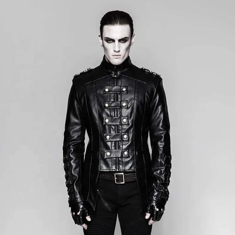 PUNK RAVE Y-746  Bright PU Stand Collar Metallic Zipper Up Men Leather Jacket