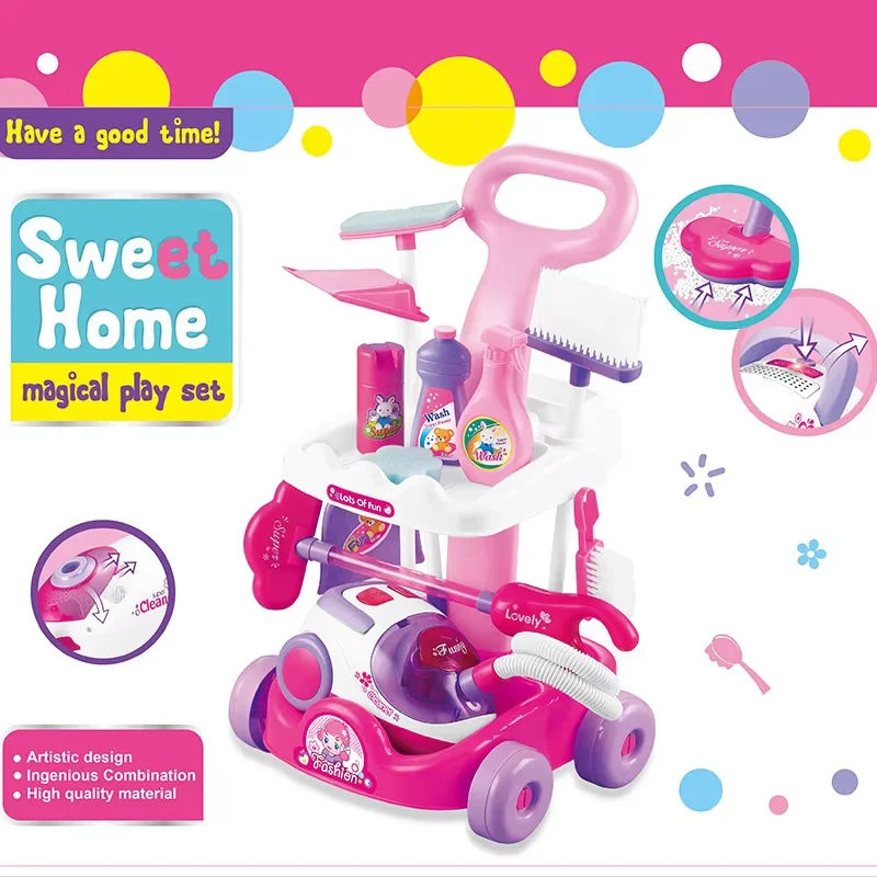 2024 educational toys simulation vacuum cleaning trolley toy cart housekeeping cleaning set toy for kids