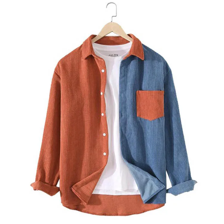 2022 Autumn Mens Contrast Patchwork Shirt Casual Corduroy Youth Premium Top Streetwear Men Lapel Pocket Long Sleeve Shirt