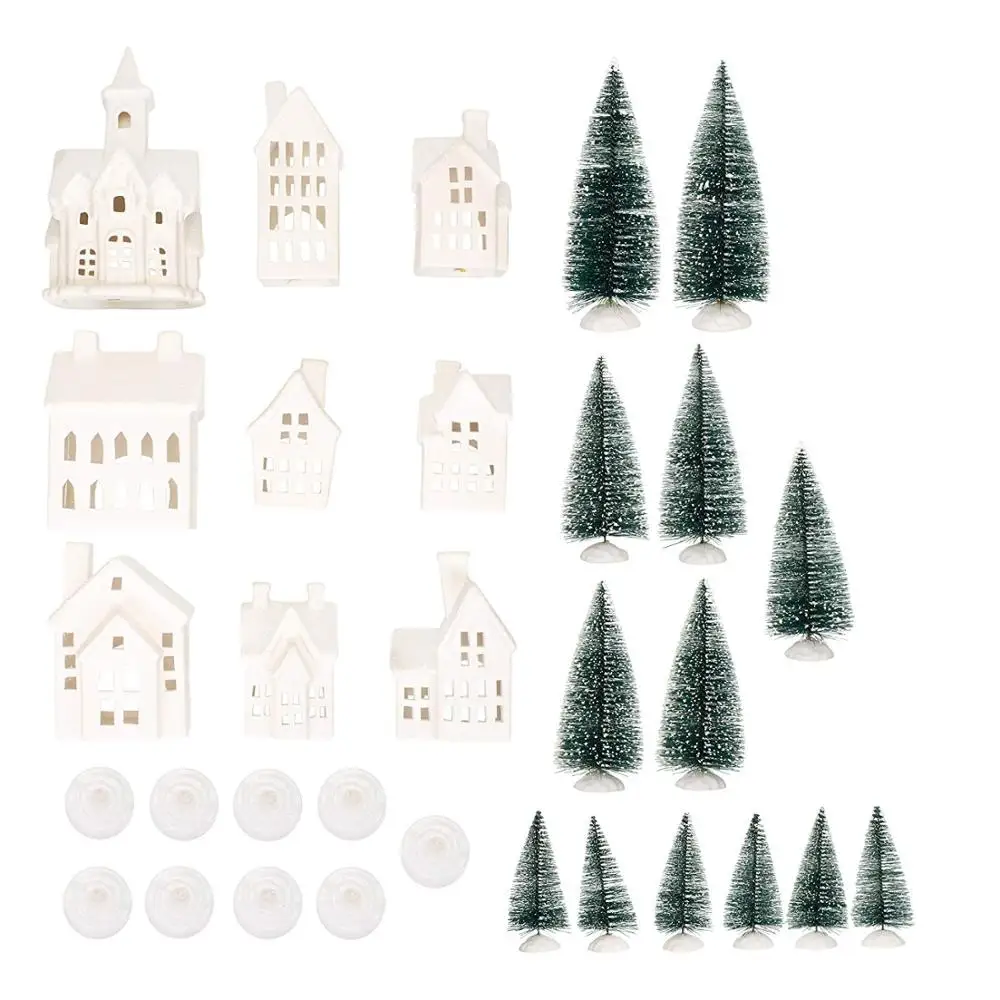 
ceramic christmas house Mark Feldstein Winter Village LED Tea Light 31 Piece Porcelain Tabletop Christmas Figurine Boxed Set 