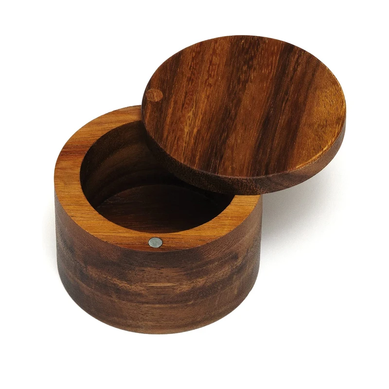 Totally luxury acacia wooden  Salt Cellar Bamboo Storage Box with Magnetic Swivel Lid  Wood Jar For Kitchen