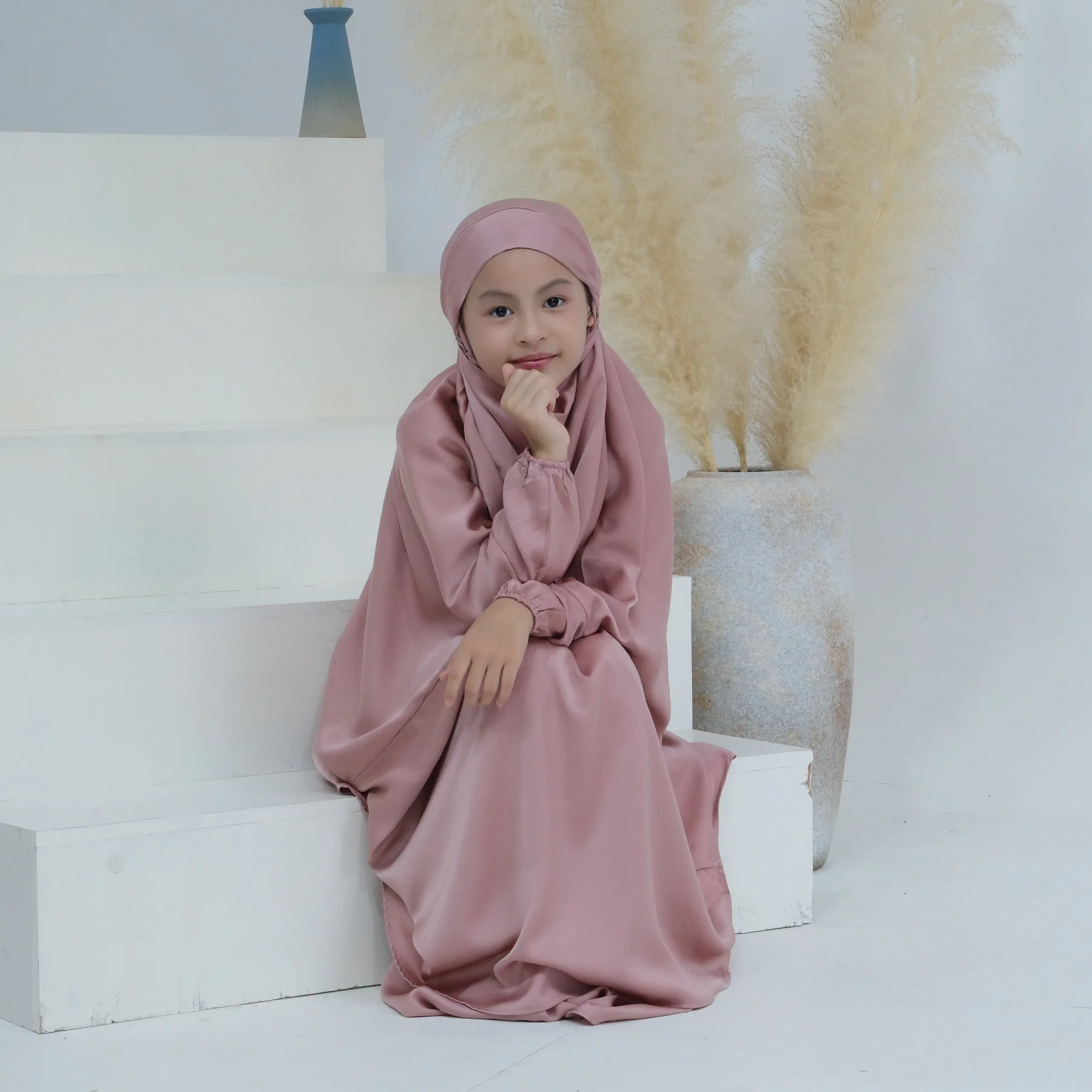 New Arrival Kids Two pieces Muslim Prayer Dress Abaya Set Long Hijab Abaya Islamic Clothing