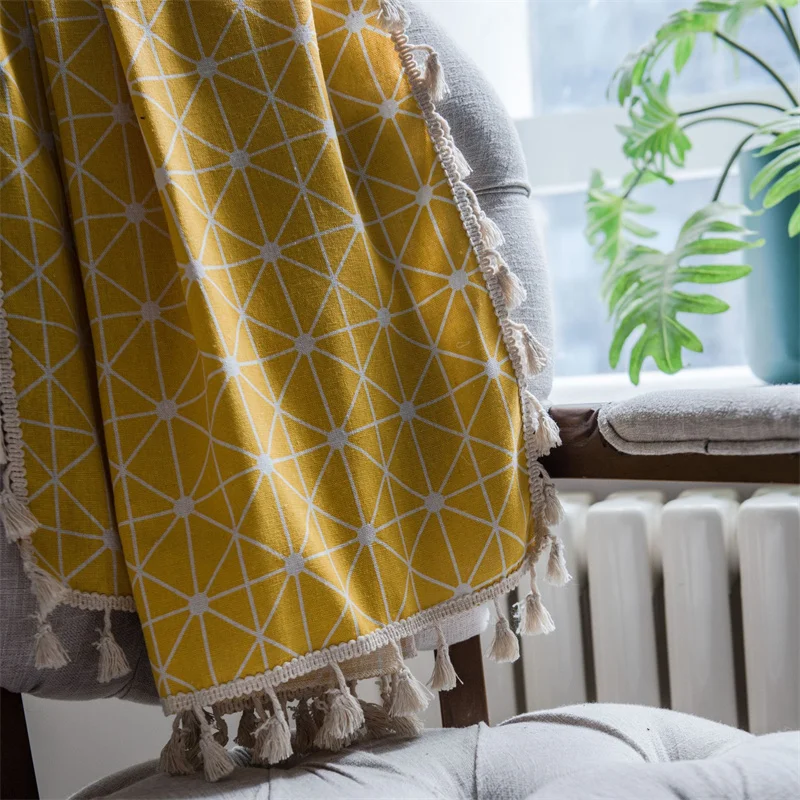 Japanese Style Yellow Geometric Design Printed Curtains With Tassels Modern Simple Country House Curtains