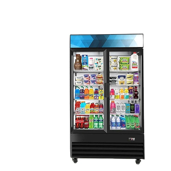 Cheap Price Supermarket Refrigerated Showcase 2 Glass Doors Vertical Cold Drink Cooler Display Freezer