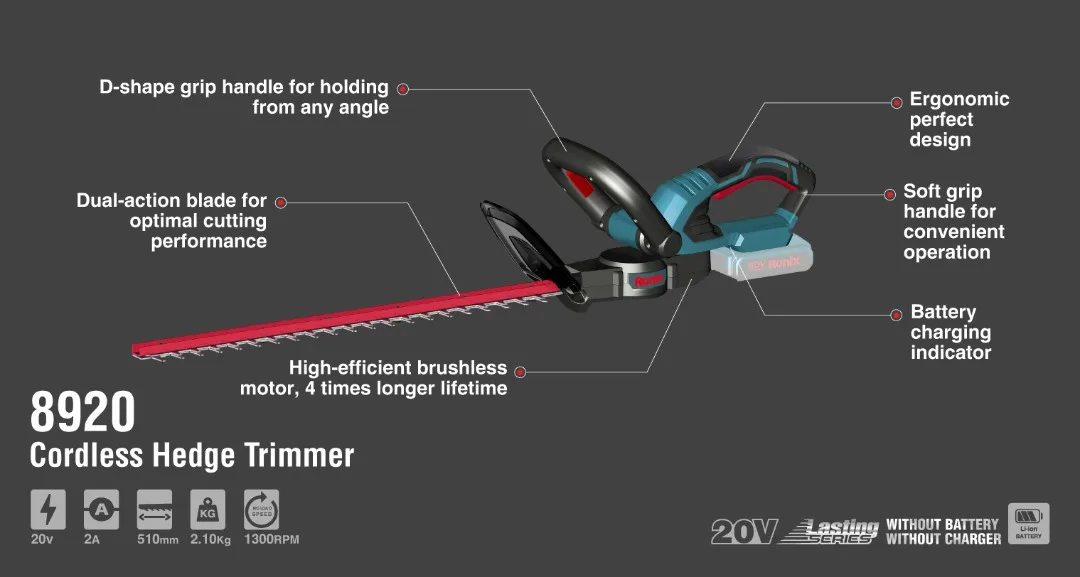 Ronix 8920 Cordless Hedge Trimmer 20V  510mm Electric Pruning Hedge Cutter Rotating Handle Garden Hand Tools