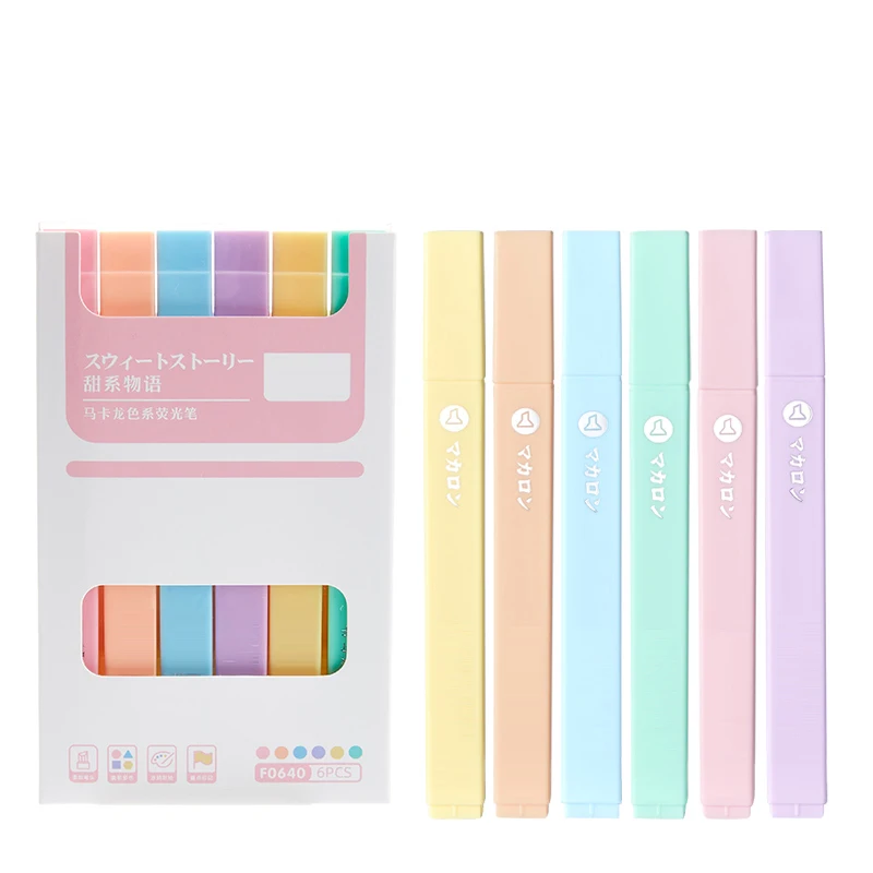 Macaron Color 6pcs Set Soft head Square Highlighter Pen Mini Pastel Highlighter Pen Student Kids highlighter marker pen