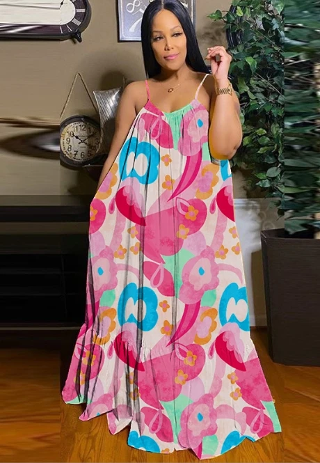 GX23111 Fashion summer boutique clothing women maxi dresses party unique print sleeveless A-line big swing long dress