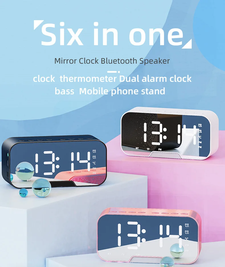 Wireless Mirror Speaker Super Bass Wireless Stereo Speakers Support TF Alarm Clock For Phone Computer