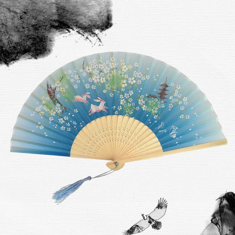 Vintage Chinese Japanese Fabric Floral Spun Silk Flower Printing Hand Fan Folding Hollow Carved Hand Fan Party Wedding Hand Fan