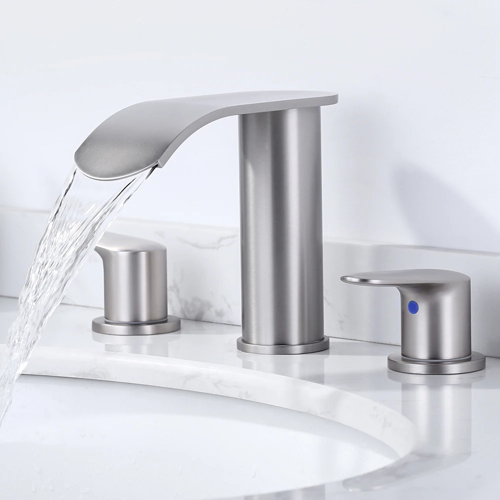 Basin Mixer Taps Two Handles 3 Holes Widespread Bathroom Sink Faucet with Pop-up Drain & Supply Hoses, Waterfall Basin Faucet