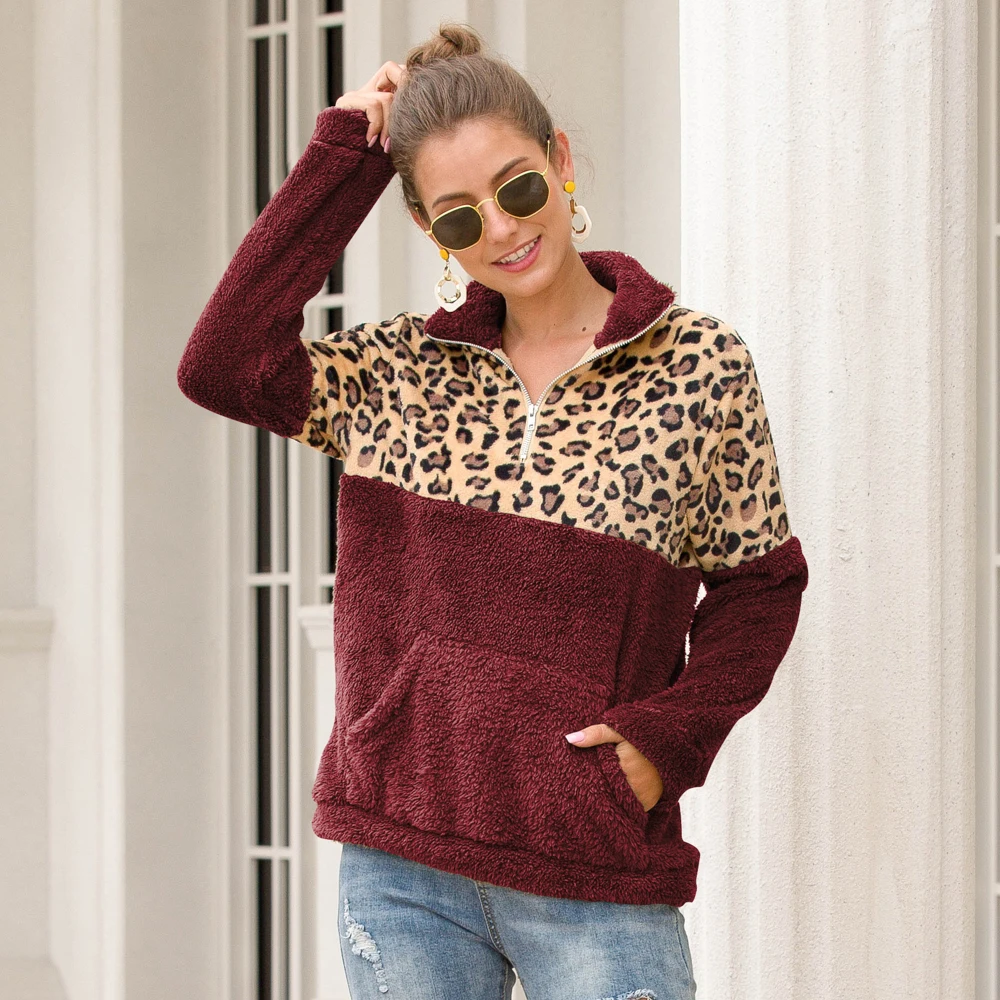 Hot sale ladies leopard stitching plush long-sleeved sweater women autumn and winter hooded new top coat