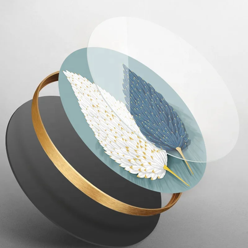 Porch decorative painting light luxury tempered glass wall painting 3D feather picture wall art round crystal porcelain painting