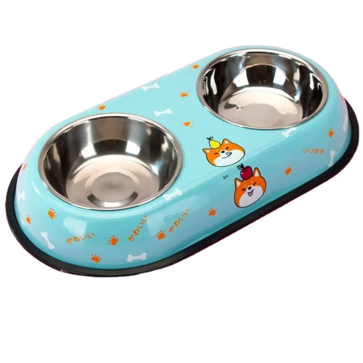 
Double Pet Bowl Dog Cat Twin Dish Stainless Steel Water Food Feeder 