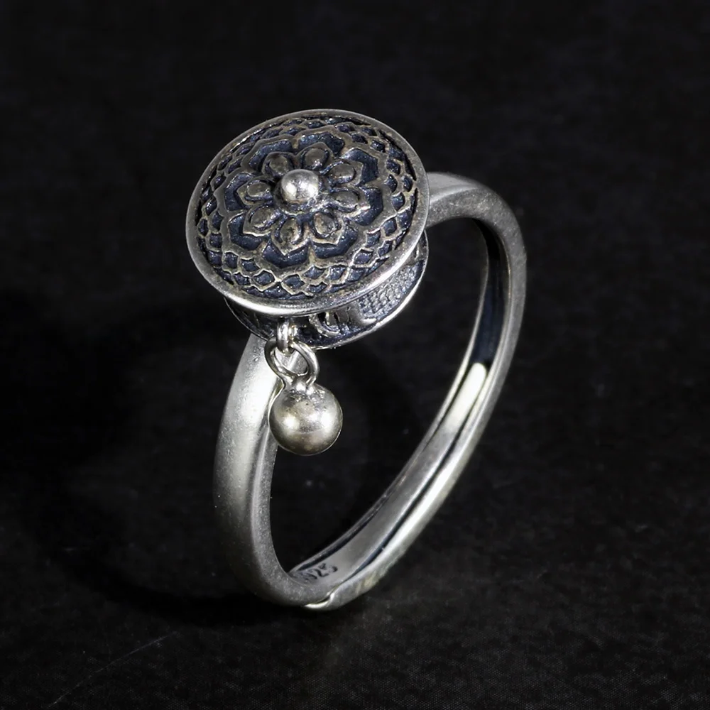 100% Серебро 925 пробы тибетское Молитвенное колечко кольцо буддистское для женщин вращающееся ОМ мантра переключение удачи