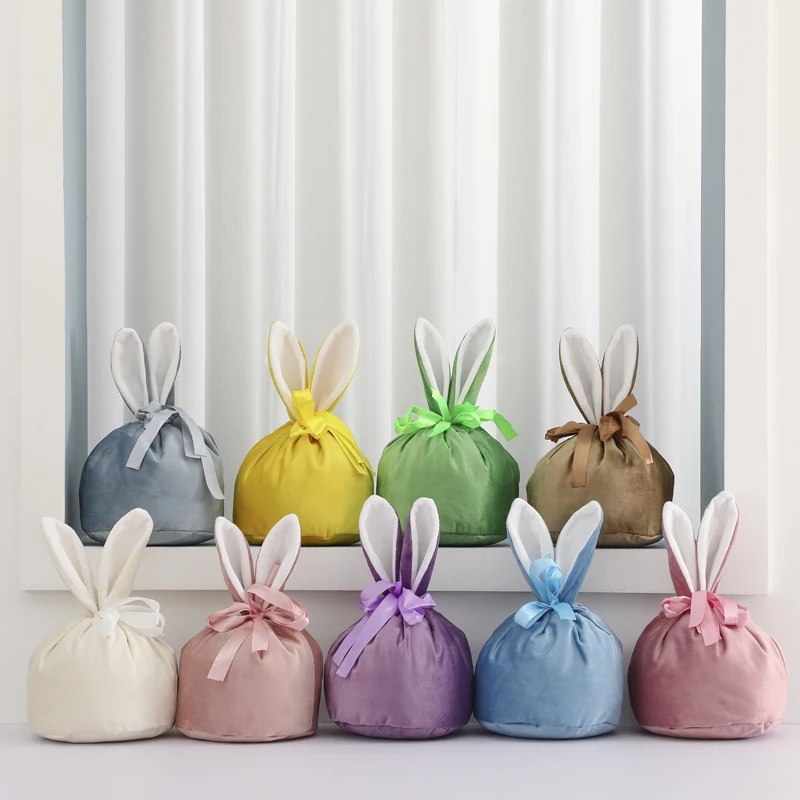 Sublimation Easter Velvet Bunny Bag Rabbit Ear Candy Basket Draw String Pouch Easter Basket