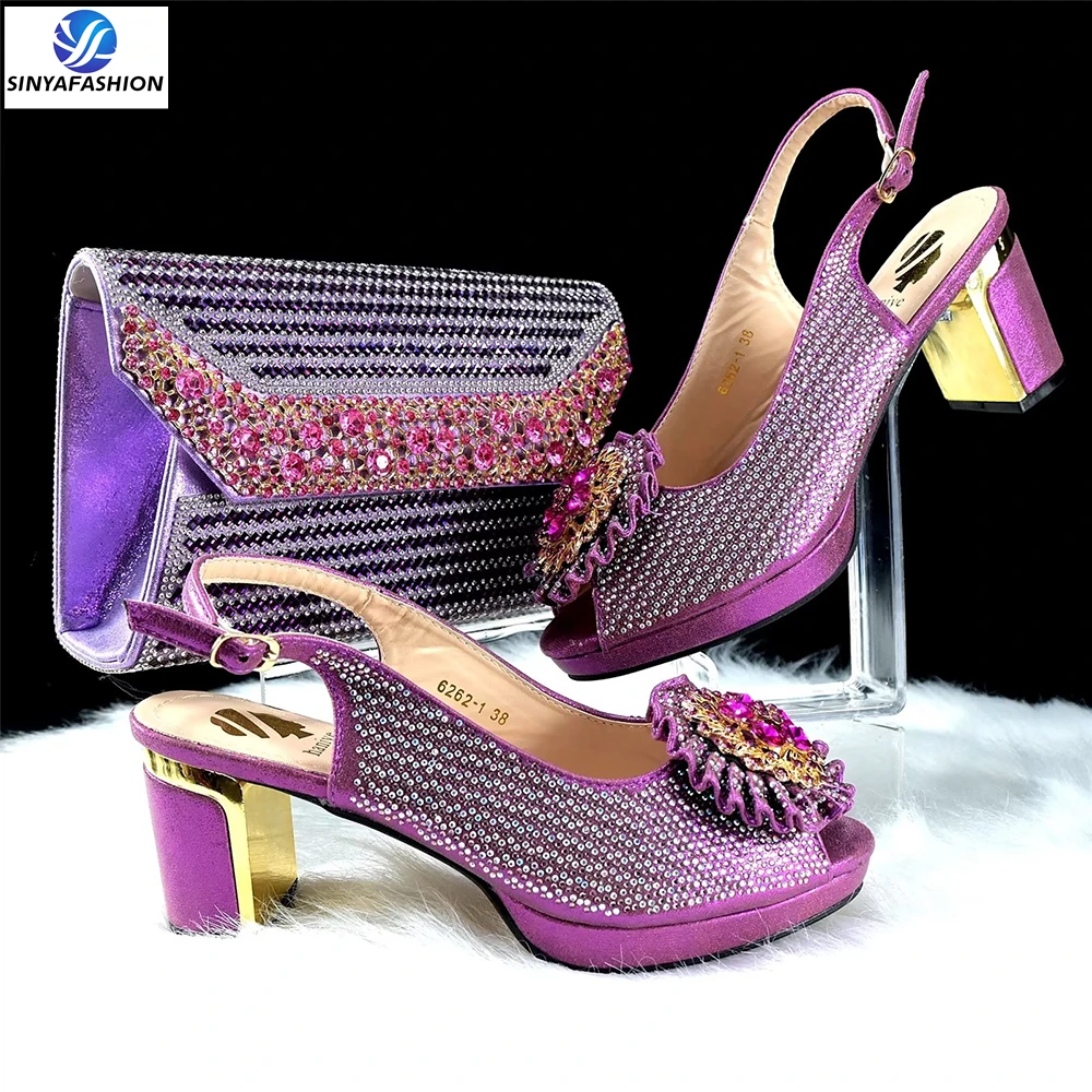 Sinya High Quality Material Shinning Design Green Red Color Design Shoes And Bags Set Rhinestone For African Women Party