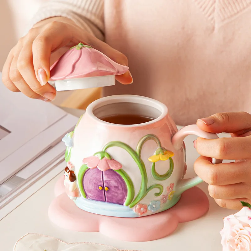 Pink Little Girl Heart Flower House Ceramic Water Cup High Beauty Birthday Gift