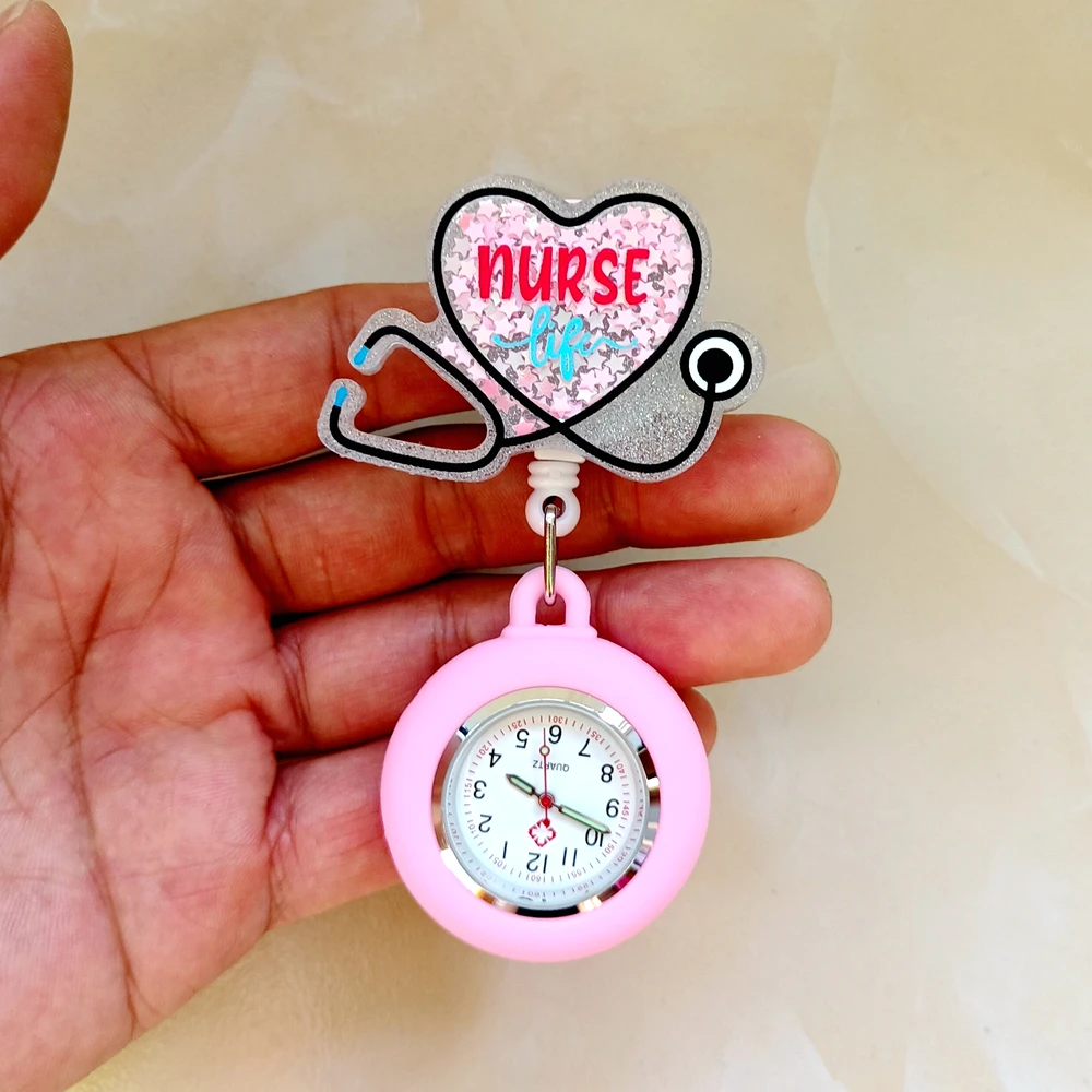 Creative Hospital Medical Icons Nurse Doctor Unisex Acrylic Shiny Retractable Badge Reel Clip FOB Pocket Watches Medicine Clock