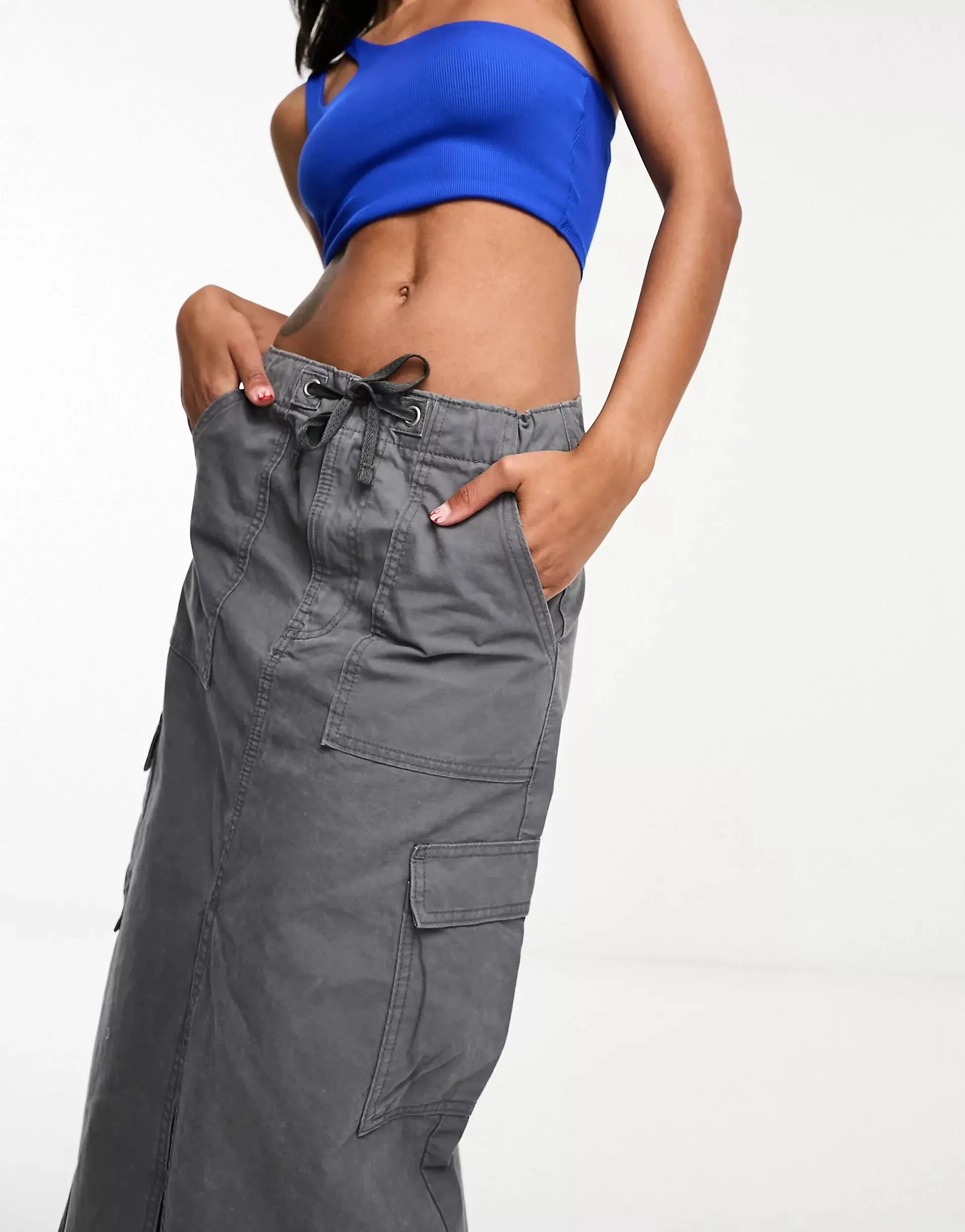 High Quality Women Solid Color Loose Slit Vintage Maxi Cargo Skirt With Pockets Elastic Waist Skirt Women Clothing Skirt