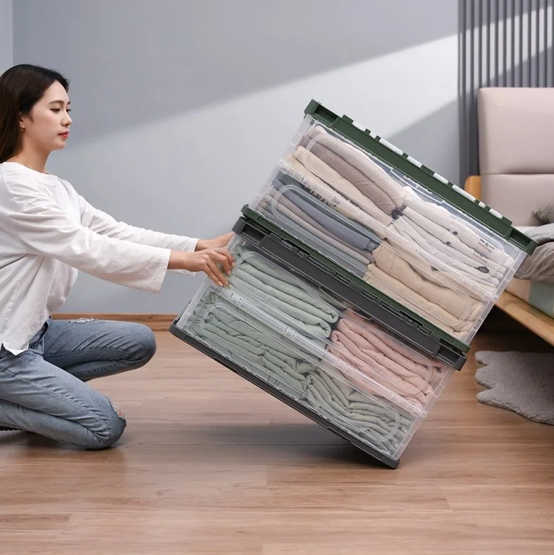 Collapsible Storage Bins with Lids for organizing Stackable Clear Latch Storage Box with Handle Folding Plastic Containers