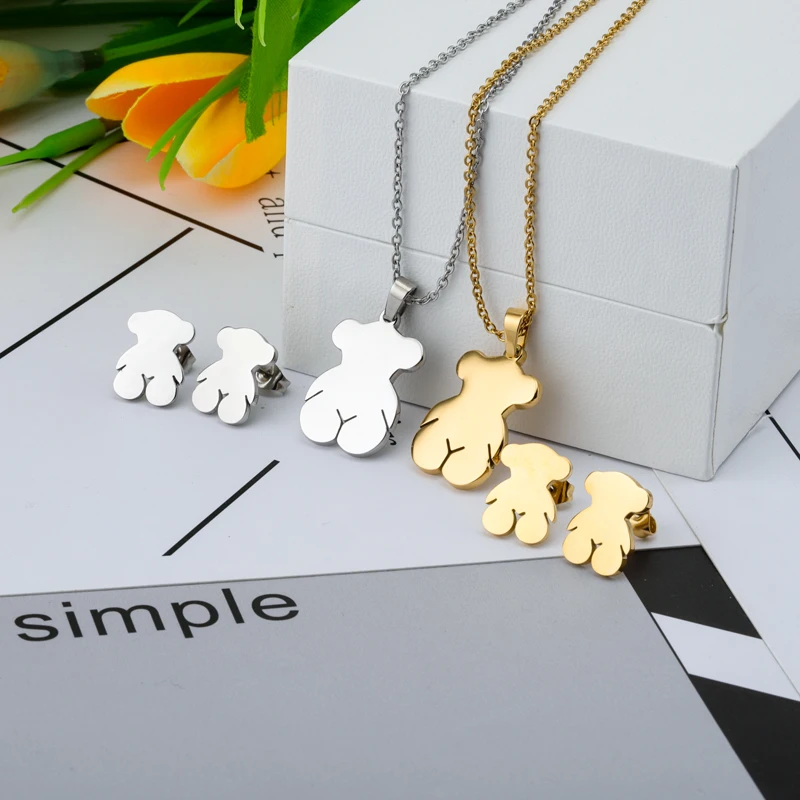
Trendy Minimalist Joyas de Acero Inoxidable Gold Earrings Necklace Fashion Bear Touse Jewelry Set 