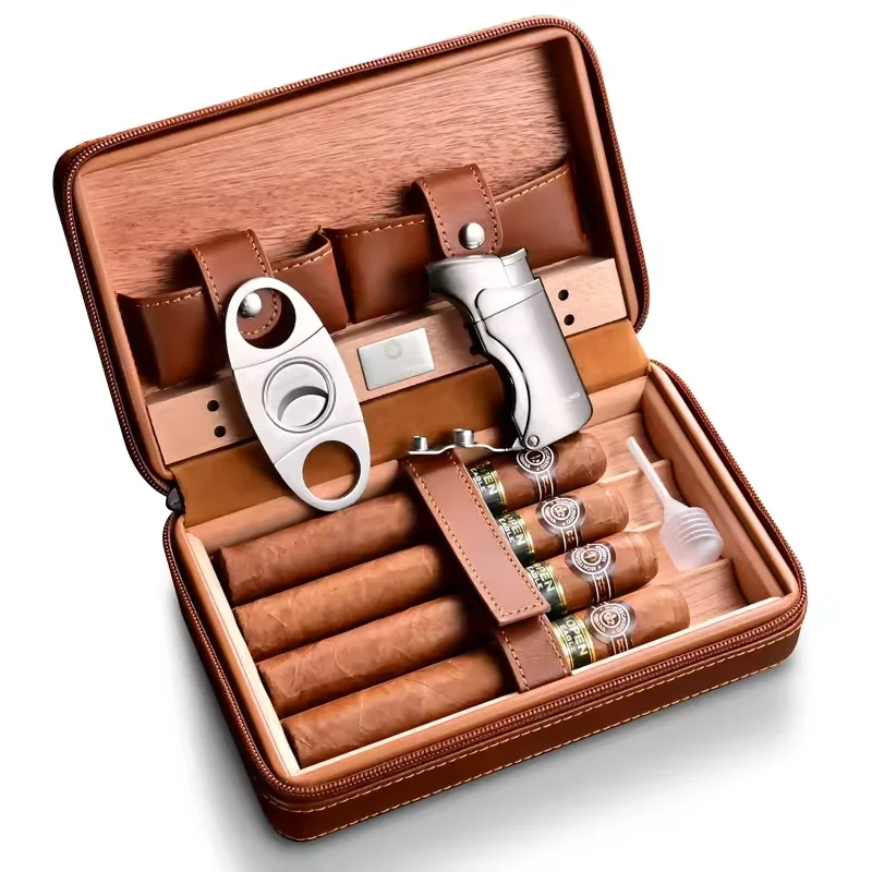 High Quality Cedar Wood Portable Travel Leather with Lighter Cutter Gift Set Cigar Humidor Case Cigar Box