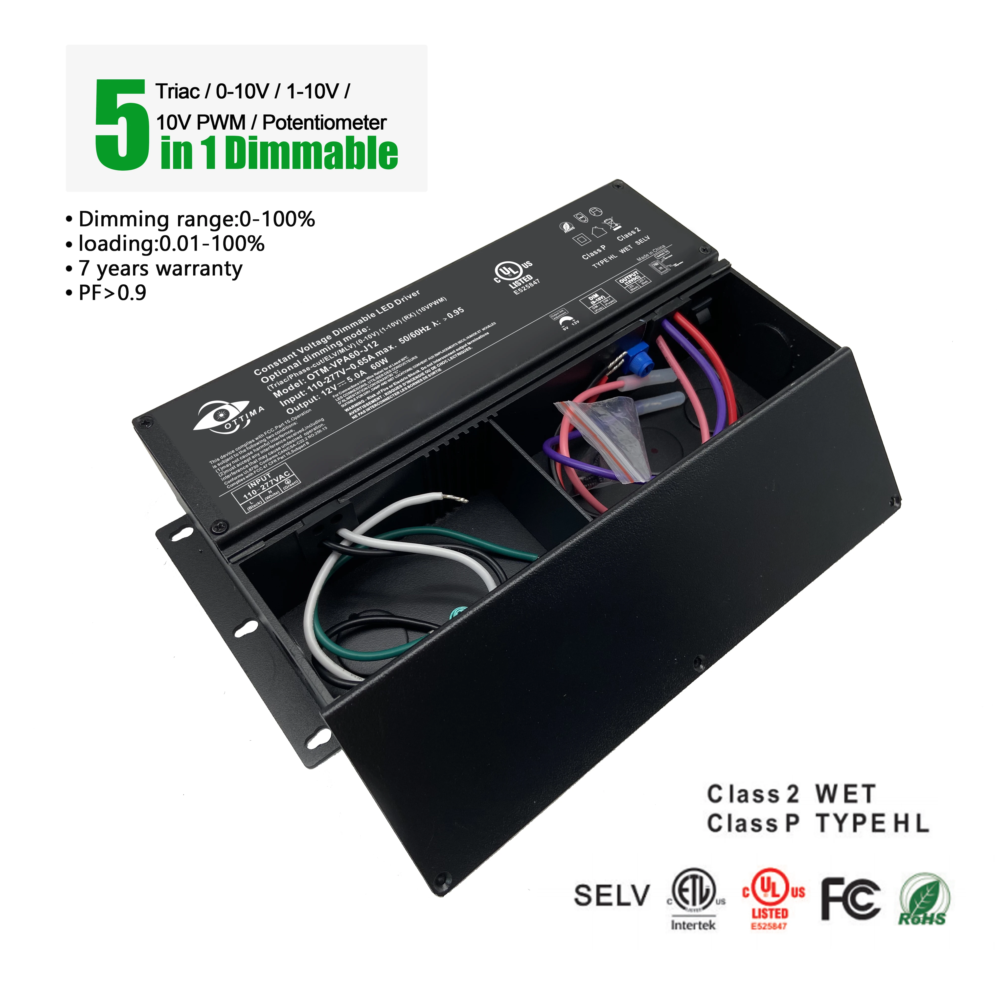 OTM-VPA60-J 12 UL cUL Triac Диммируемый драйвер 0-10v 1-10v светодиодный освещения 60W 12V