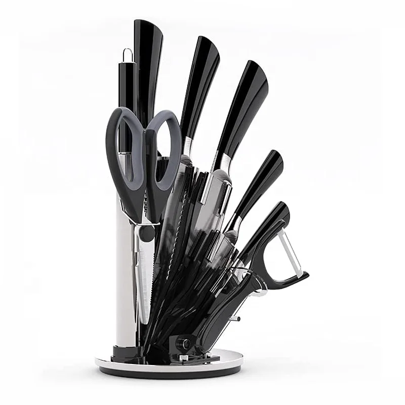 Stainless Steel Hollow Handle Self Sharpening Kitchen Knife Set with Finger Protection&Acrylic Stand-Best