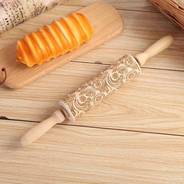 Wholesale Kitchen Wooden Rolling Pins Patterned Roller Embossing for Fondant Cake