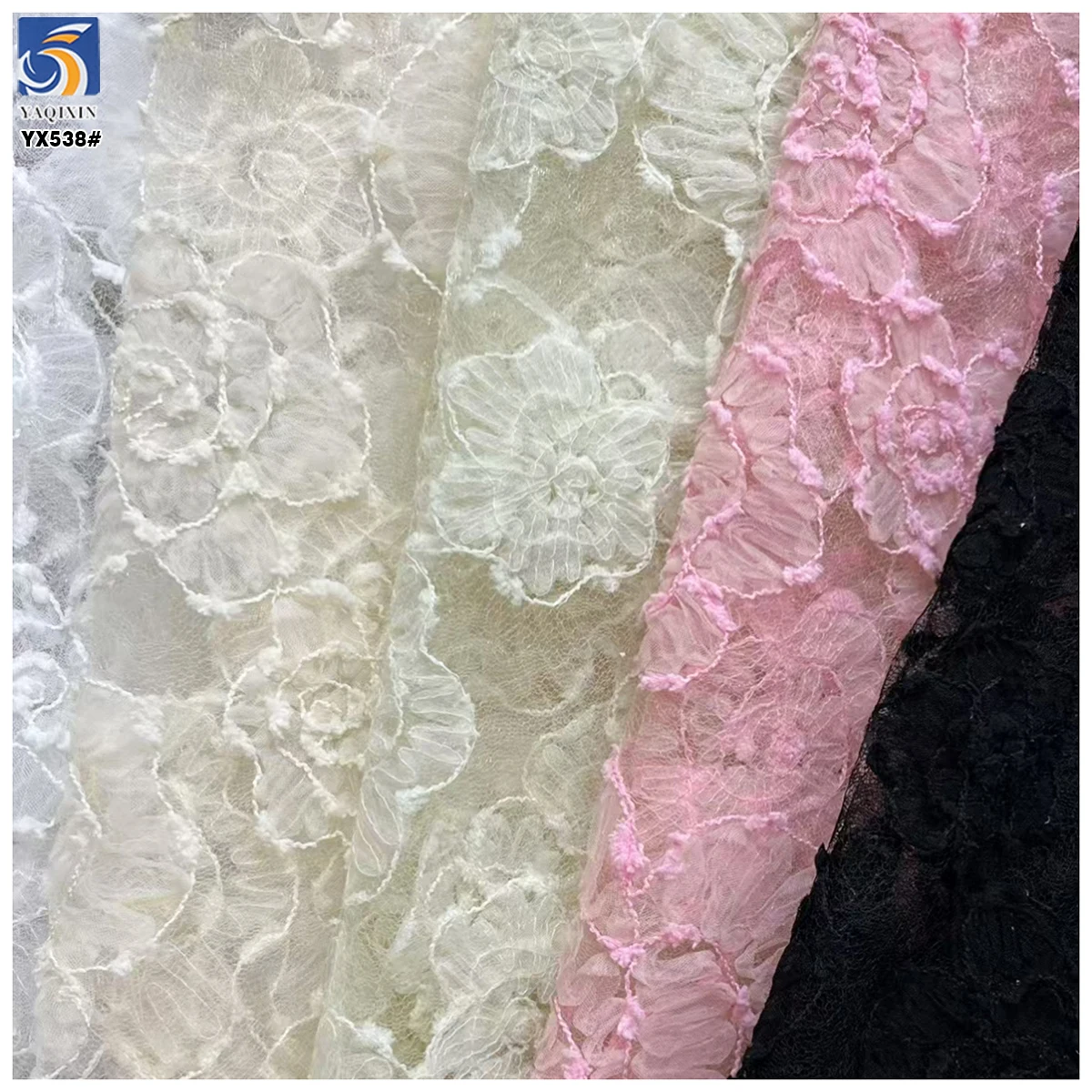 YX538 2025 New Products Hook Flowers Mesh Embroidery Fabric Dresses Women White Tulle Embroidery Fabric