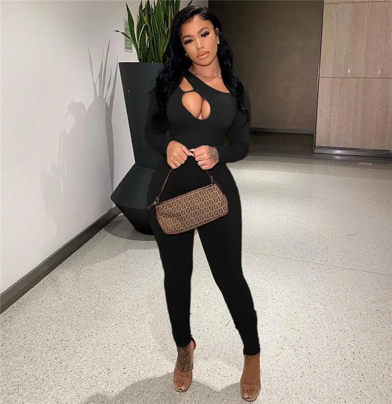 Solid Unique Cut Out Jumpsuit Women Sexy Fashion Long Sleeve Cleavage Zipper Body-Shaping Rompers Streetwear Overall 2022