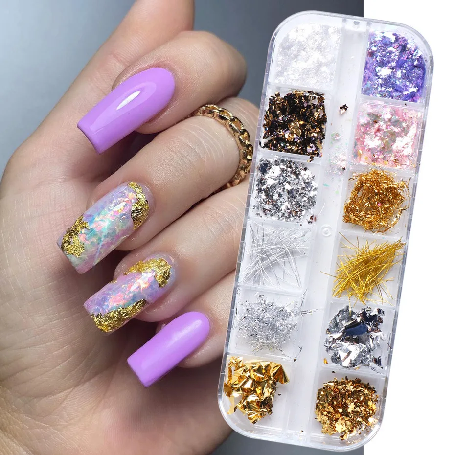 12 Grids/Box Gold Silver Irregular Aluminum Foil fragment Glitter Nail Art Sticker DIY Manicure UV Gel Polish Nail Decoration