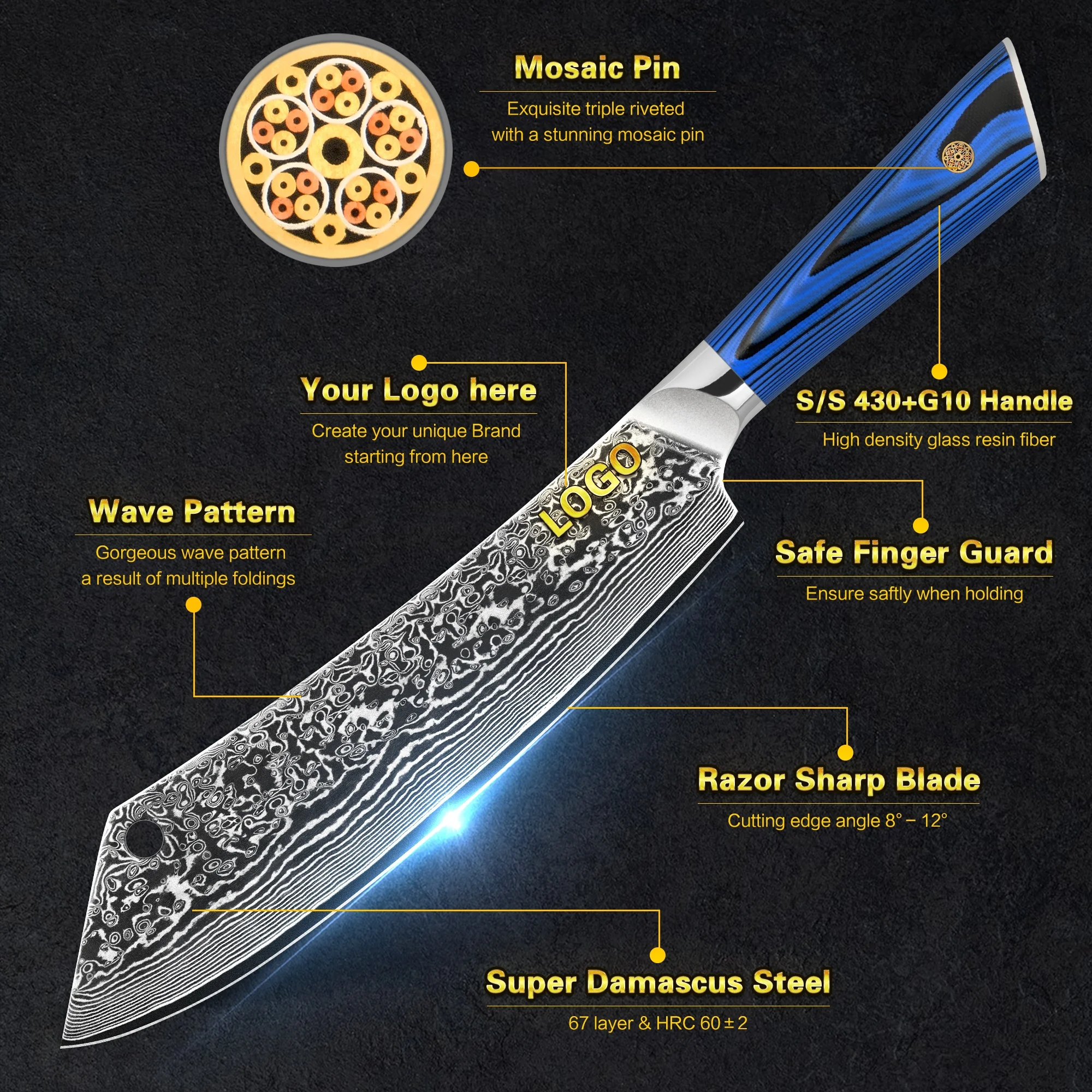 10% Off Custom Logo Blue G10 Handle 9.5 inch damascus knife slaughtering a goat in Amazom Top Selling List