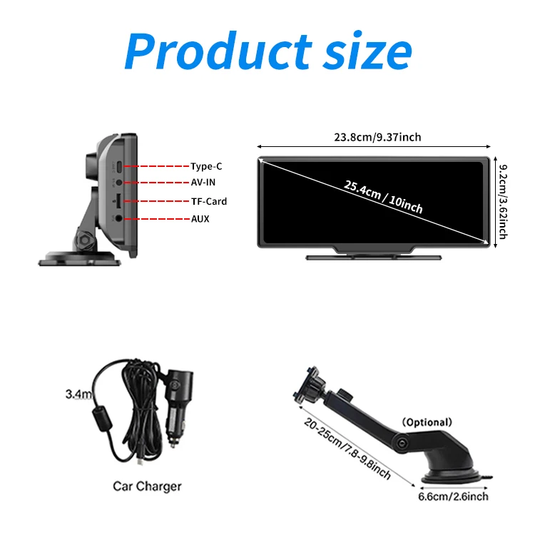 Maustor 10.26 inch Portable Universal Car Stereo Touch Screen SD TF Card USB FM BT WIFI CarPlay Built-In Speaker Car Radio