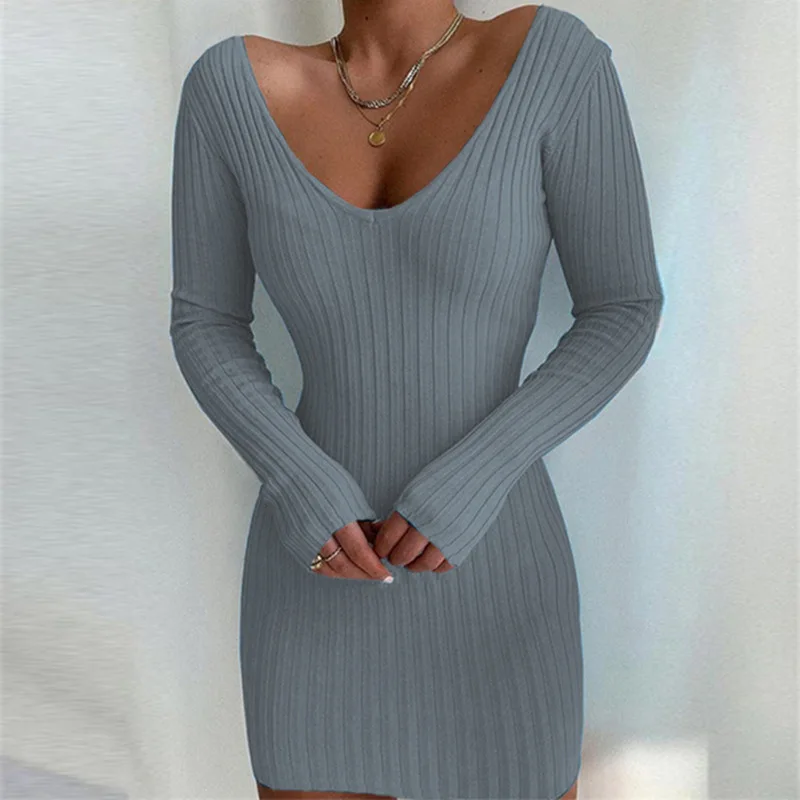 2022 Autumn And Winter New Arrivals Causal Sexy V-neck Mini Dress Slim Long-sleeved Knit Sweater Dresses For Women Ladies