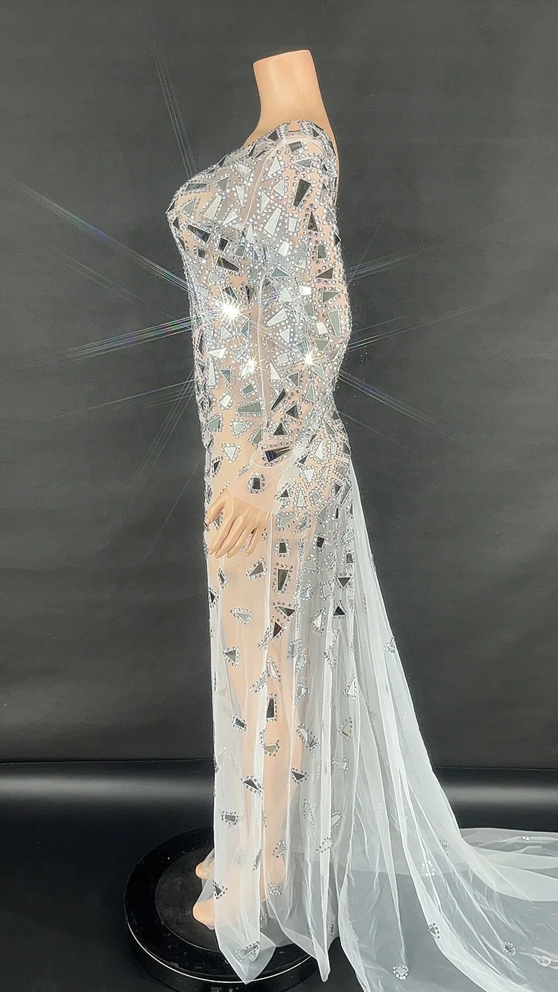 Customized Plus Size Singer stage show Sliver Sequin Mermaid Evening Dress Sexy High Slit Long Sleeve Party Mirror Dresses