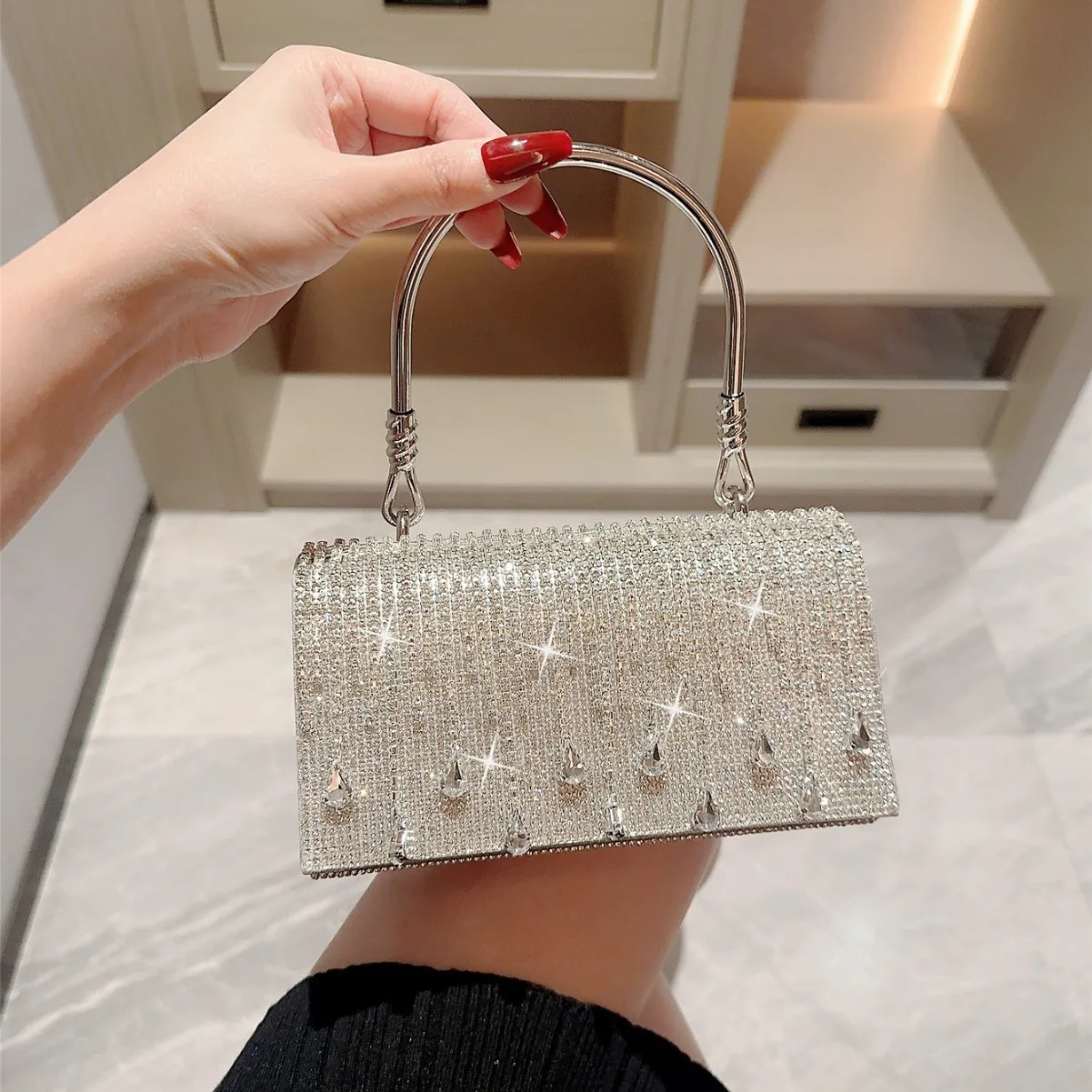 Tassel Rhinestone Handbag Evening Bag For Women Shiny Crystal Sparkle PU Clutch Dinner Bag Wholesale