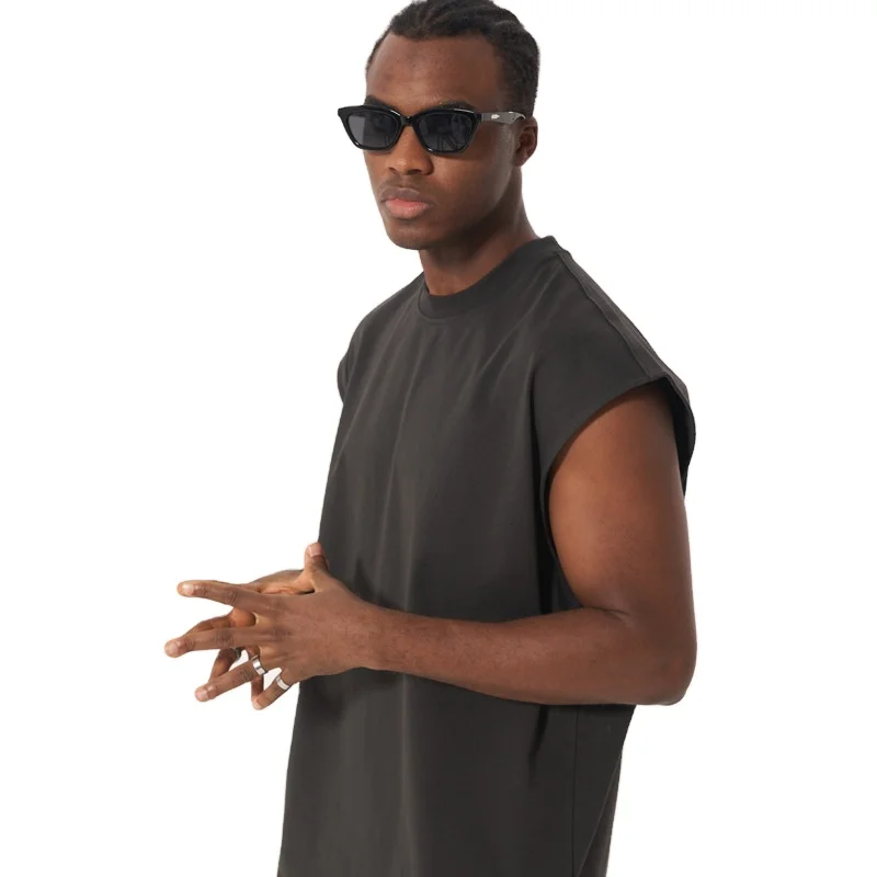 American High street small neckline short sleeve heavy weight sleeveless cotton vest fashion loose T-shirt custom printed LOGO