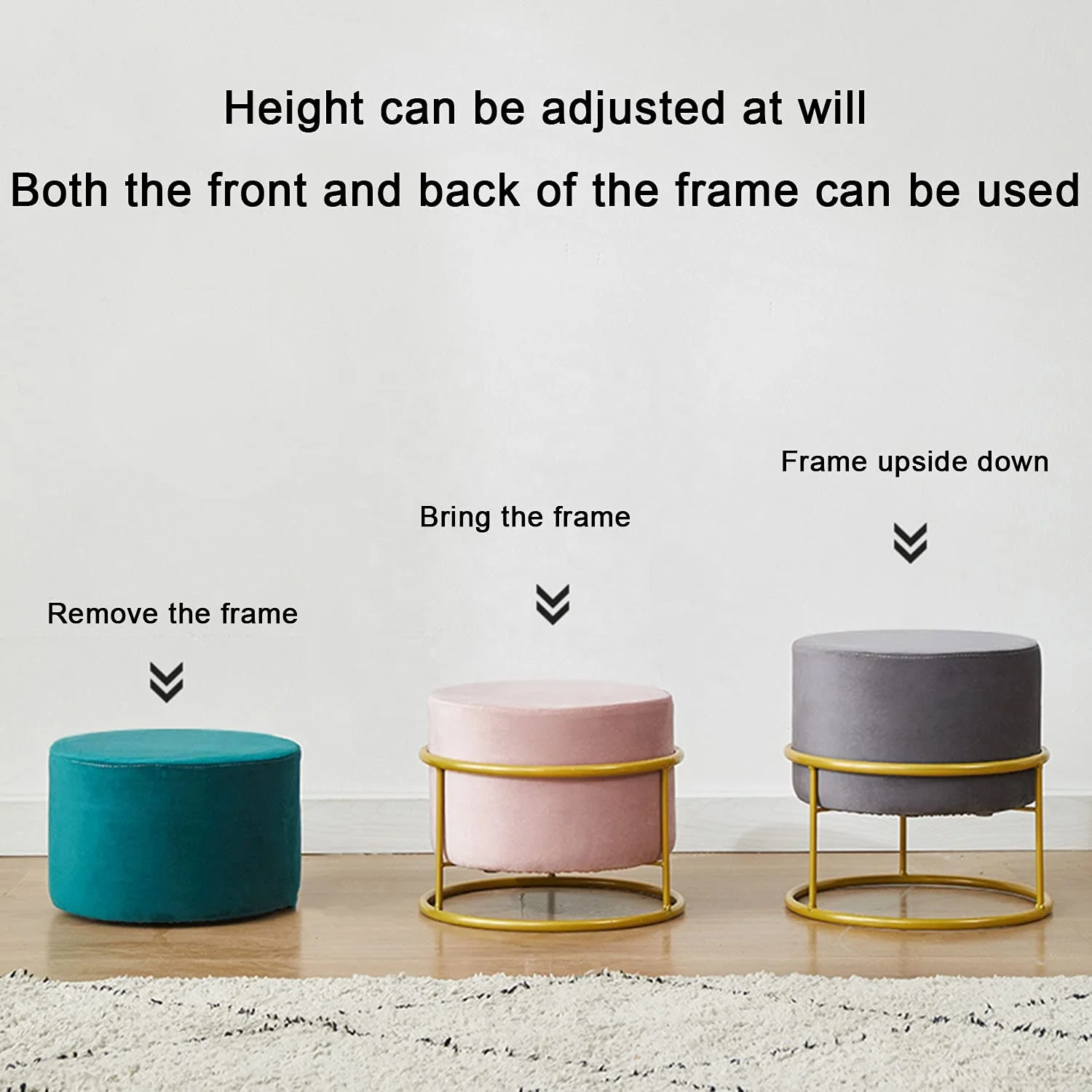 Living Room Modern Footstool RTS Adjustable Height Round Stool Velvet Color Customizable Ottoman Stool With Metal Legs