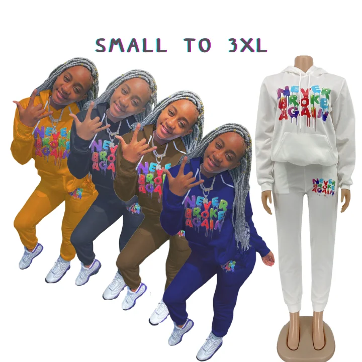 Never Broke Again Printed 2 Piece Fashion Outfits For Women Long Sleeve Hooded Sweater Set Two Pieces Fall Outfits