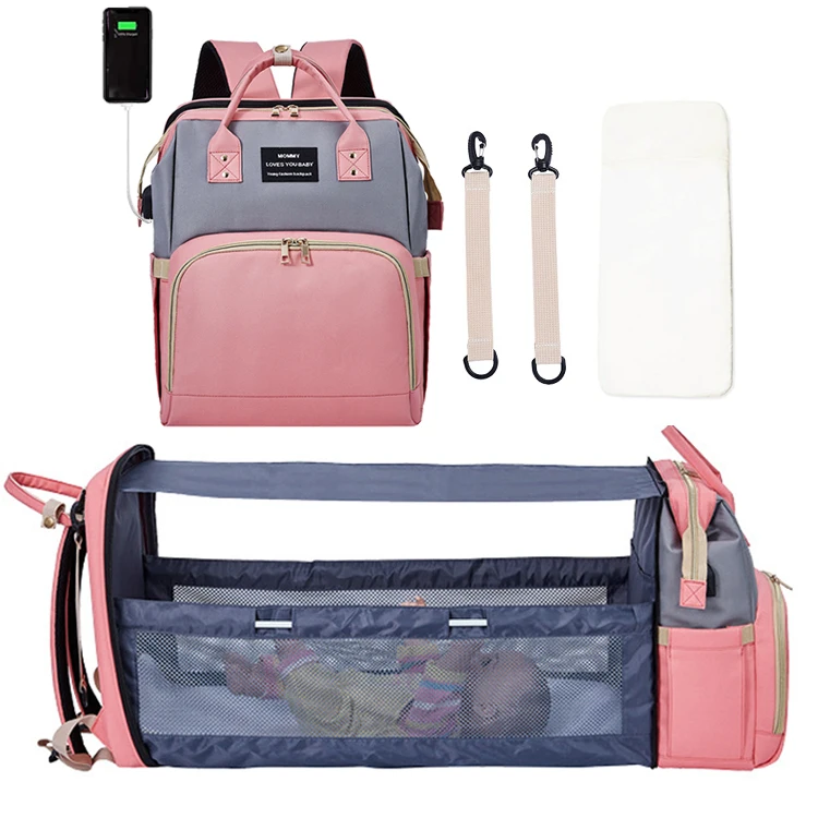 Large capacity foldable Oxford multi function pink grey diaper bag custom with changing station usb