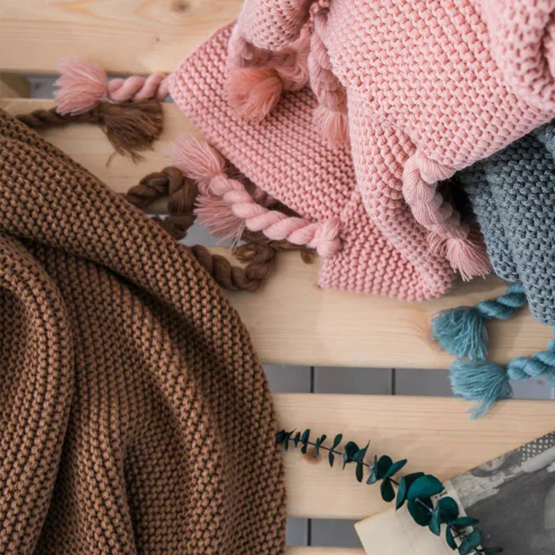 New Nordic style 100% cotton Knitted Bed Blanket Home Soft Cover Hotel Tassel Knitted Throw Blanket