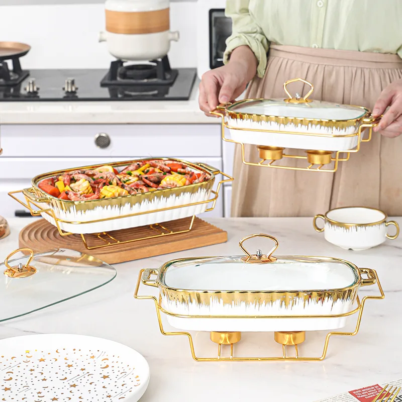 Luxury Gold Ceramic Food Warmer Buffet Serving Dish Soup Pot Candle Chafing Dish Buffet Set