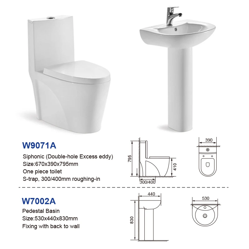 One Piece Toilet Floor Mounted Siphonic Wc and Pedestal Wash Hand Basin Bathroom Set