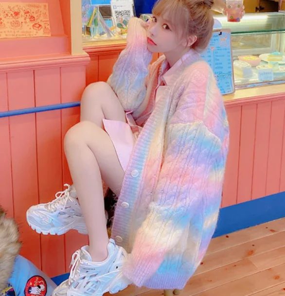 Female Long Tie dye Cardigan Women Sweet Kawaii Sweater Coat Faux Fur Rabbit Rainbow Knitted Cardigan