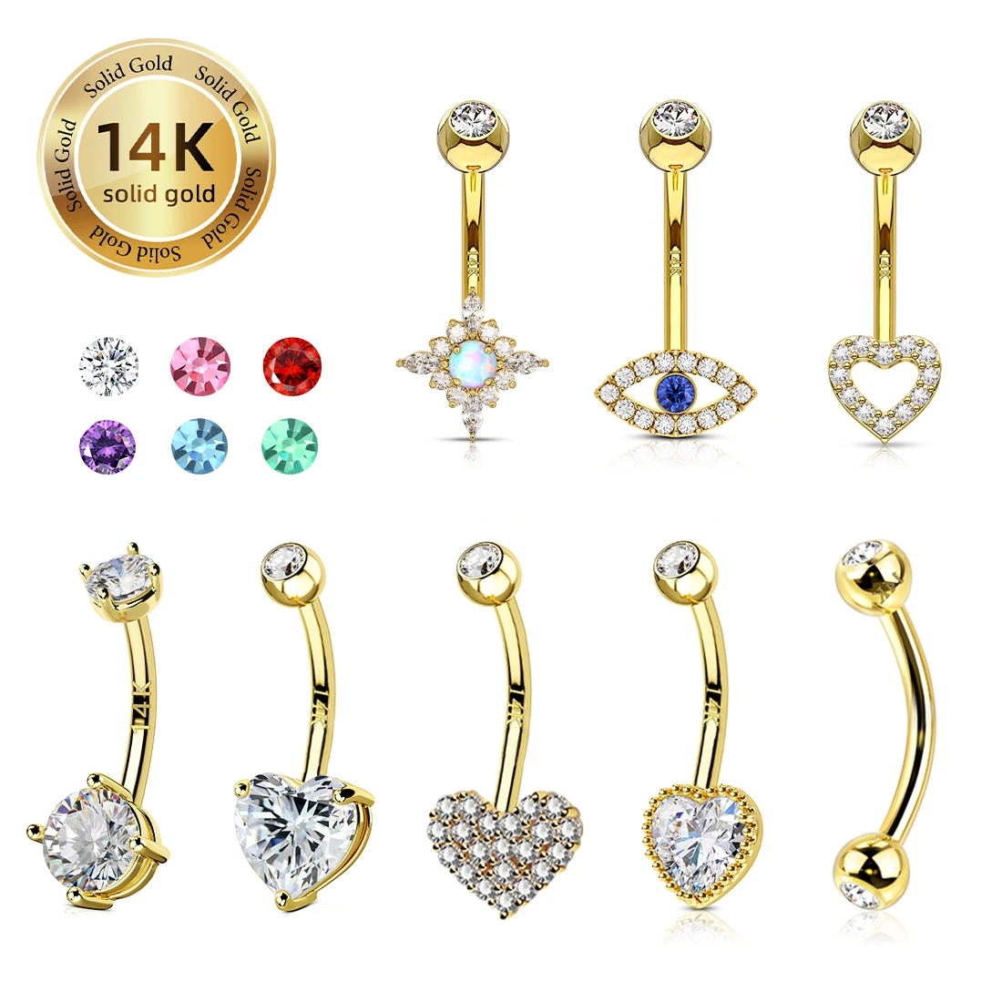 TOPOSH Eternal 14K Solid Gold Tear Zirconia Externally Threaded Belly Button Rings