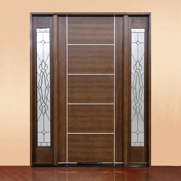 Foshan factory price modern front entry veneer wood glass single doors design exterior main entrance flush plywood wooden door