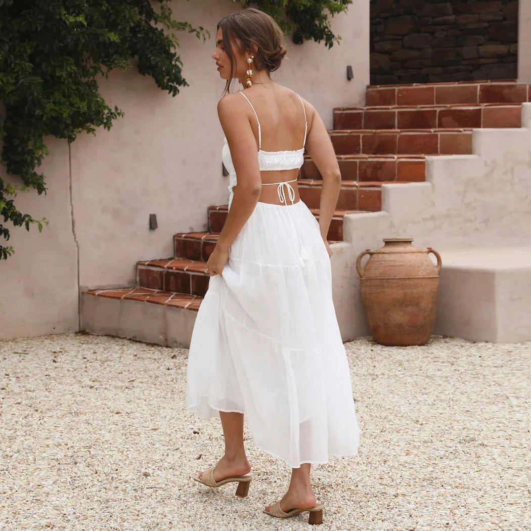 Custom Relaxed Fit Adjustable Thin Straps Tie-up Pom-like Tiered Lightweight Skirt Square-neckline Back Cutout Maxi Dress