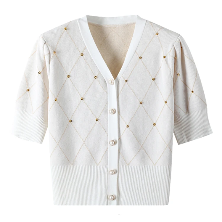 Custom V Neck Ladies Knitwear Summer Cotton Casual Short Sleeve Tops Beaded Design Pearl Button Anti-pilling Sweater
